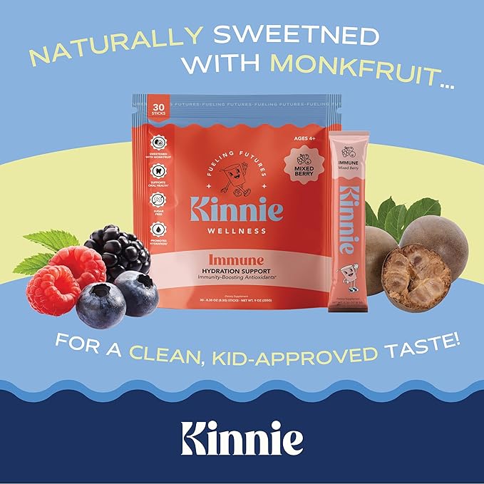 Immune & Hydration Vitamin Mix for Kids - Mixed Berry Flavor - Sugar-Free - Immune Support - Zinc, Vitamin C & D, Electrolytes, & Super Mushroom Blend for Ages 4+ (30 Sticks)