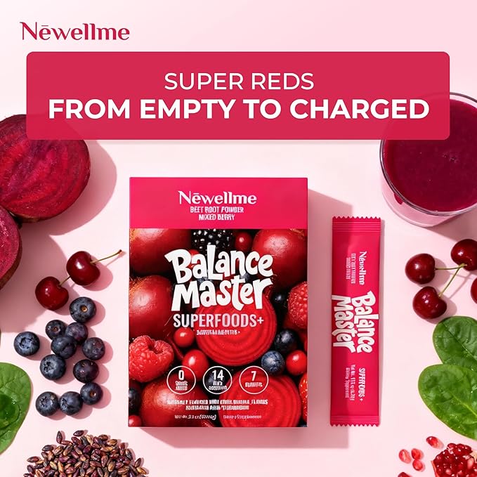 NEWELLME Organic Super Reds Beetroot Powder, Nitric Oxide & Blood Pressure Support, Heart & Circulation, Steady Energy, Sugar Free, Non-GMO, Grape Seed Polyphenols, 14 Sachets, Berry Flavor