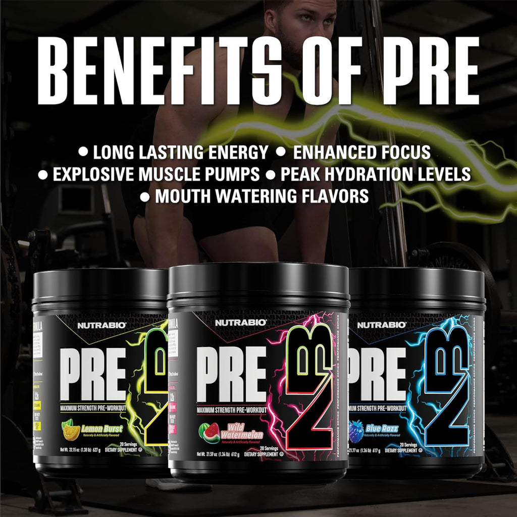 NutraBio PRE Workout Powder - New Formula- Sustained Energy, Mental Focus, Endurance - Beta Alanine, Caffeine, Electrolytes - 20 Servings - Lemon Burst