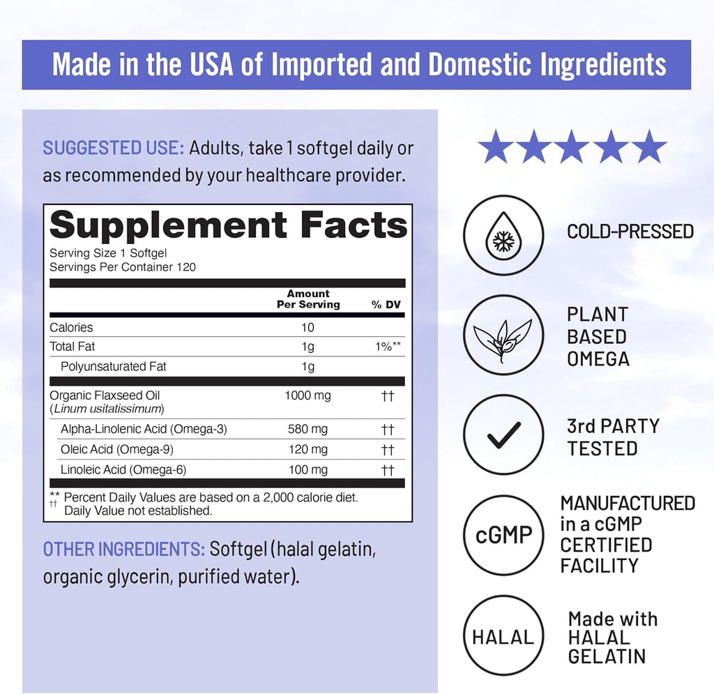 NatureWise Flaxseed Oil 1000 mg, Fish Free Omega 3 with 580 mg ALA, Dietary Supplement for Immune Health Support - Organic, Cold Pressed, Non-GMO - 120 Softgels[120-Day Supply]