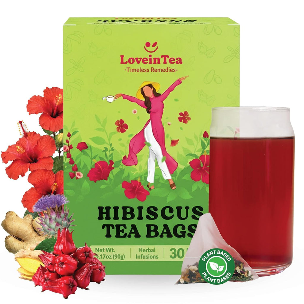 LoveinTea Hibiscus Herbal Tea Bags, 100% Natural Vietnamese Hibiscus Blend, Caffeine-Free, Plant-Based Pyramid Bags, 30 Count