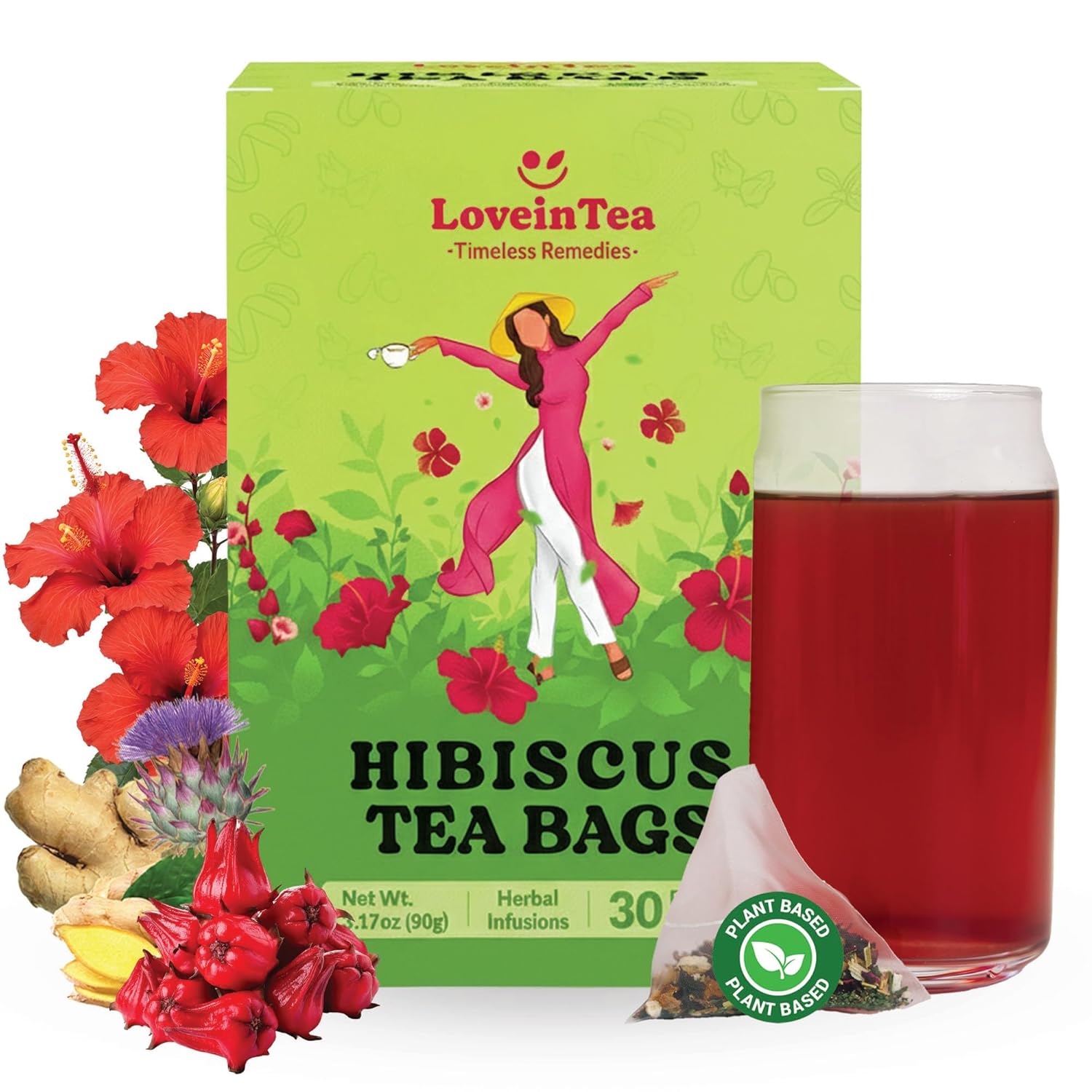 LoveinTea Hibiscus Herbal Tea Bags, 100% Natural Vietnamese Hibiscus Blend, Caffeine-Free, Plant-Based Pyramid Bags, 30 Count