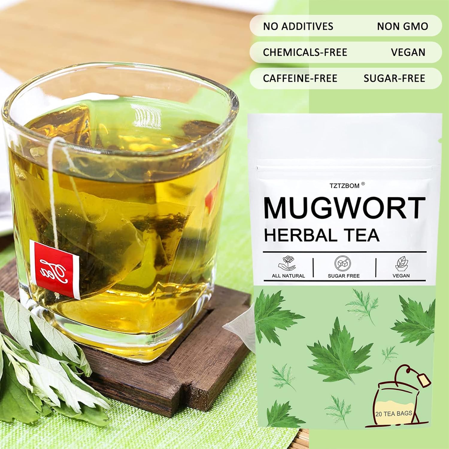 TZTZBOM Mugwort Tea Bags, Mugwort leaves 20 Teabags, 2g/bag, Caffeine Free, Natural Herbal Tea