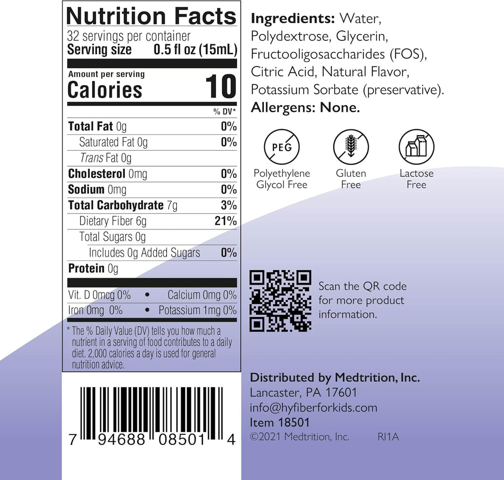 Medtrition HyFiber Liquid Fiber for Kids in Only One Tablespoon, Supports Regularity and Softer Stools, FOS Prebiotics for Gut Health, 6 Grams of Fiber, 32 Servings per Bottle