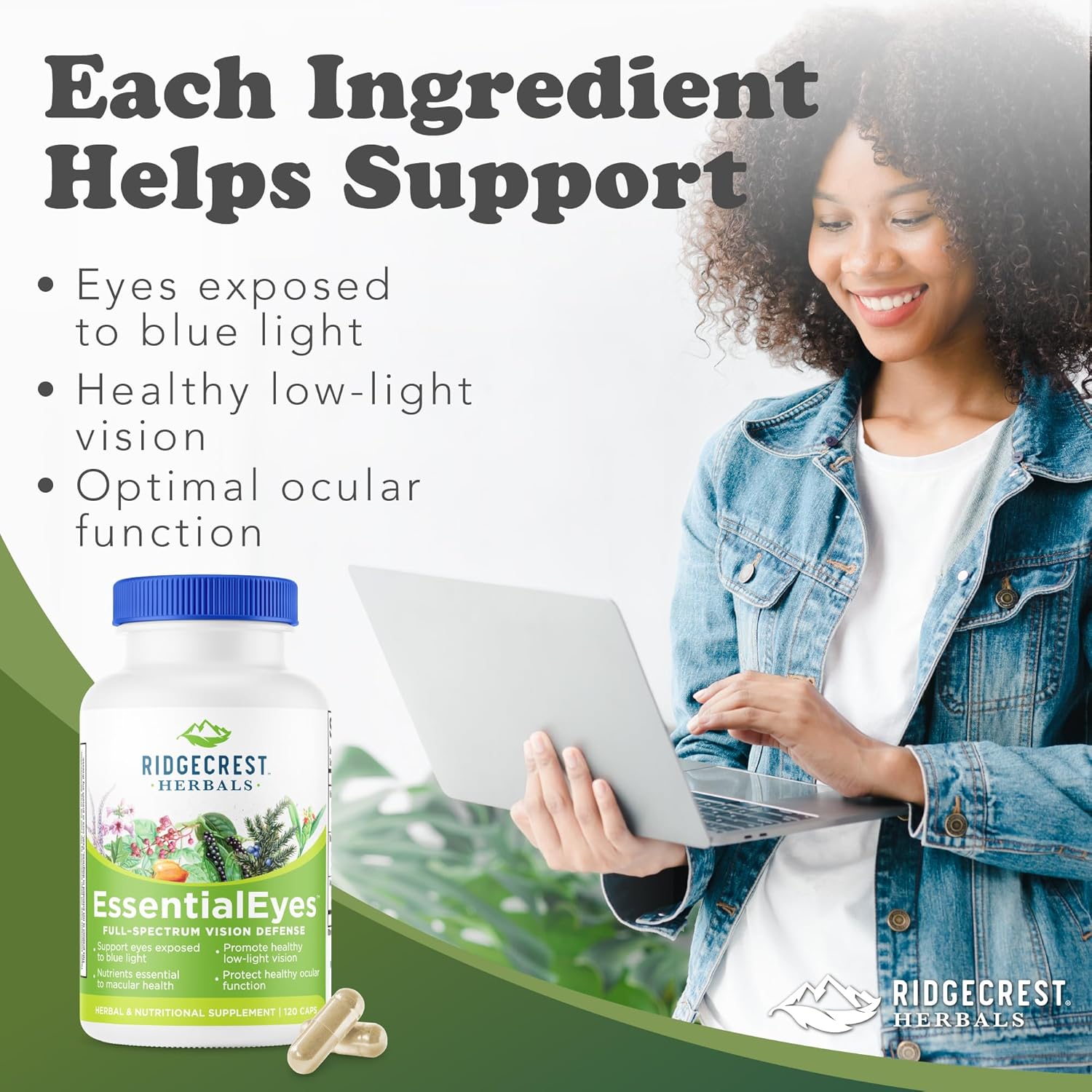 Ridgecrest Herbals EssentialEyes, Natural Eye Vitamin Supplements, Contains Lutein, Zeaxanthin, Bilberry Extract, Supports Eye and Vision Health (120 Vegan Caps, 30 Serv)