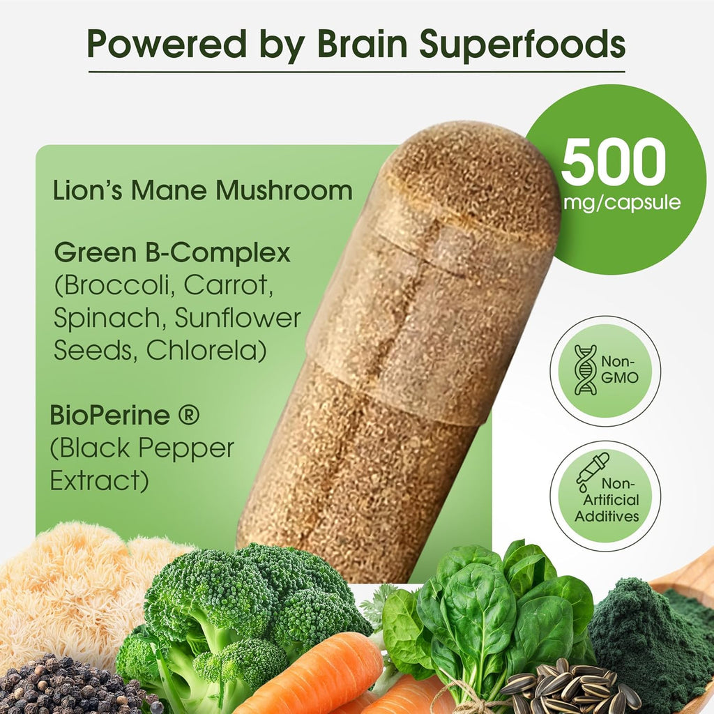 Cognitive Rescue, Lion's Mane Mushroom Capsules w/ Lion's Mane Dual Extract, Nootropics, Brain Supplement for Memory and Focus, Mushroom Immune Support w/ B Vitamins Complex, BioPerine, 60 capsules