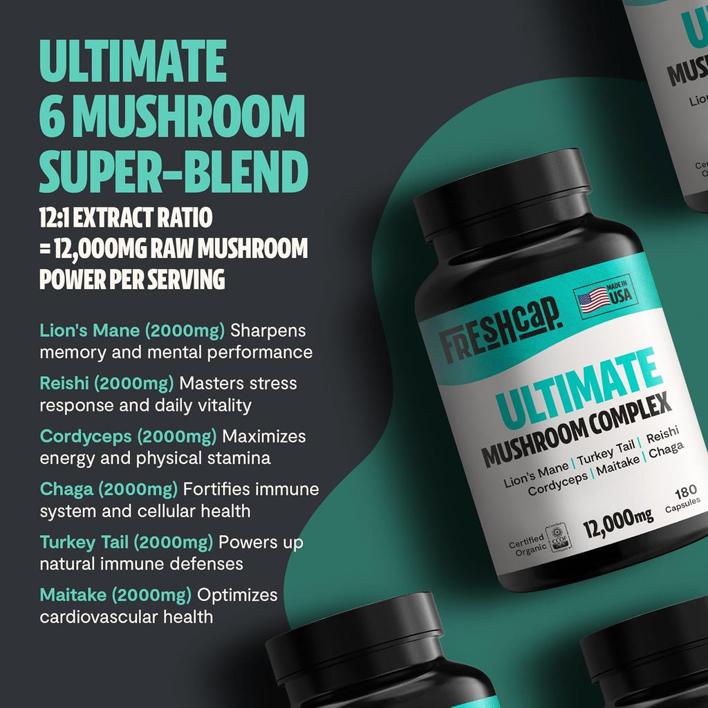 FreshCap Ultimate Mushroom Supplement 12,000mg - Nootropic Complex Capsules, Organic Mushroom Immune Support, Brain Supplements for Memory and Focus, Ayurveda Nootropic (180 Capsules)