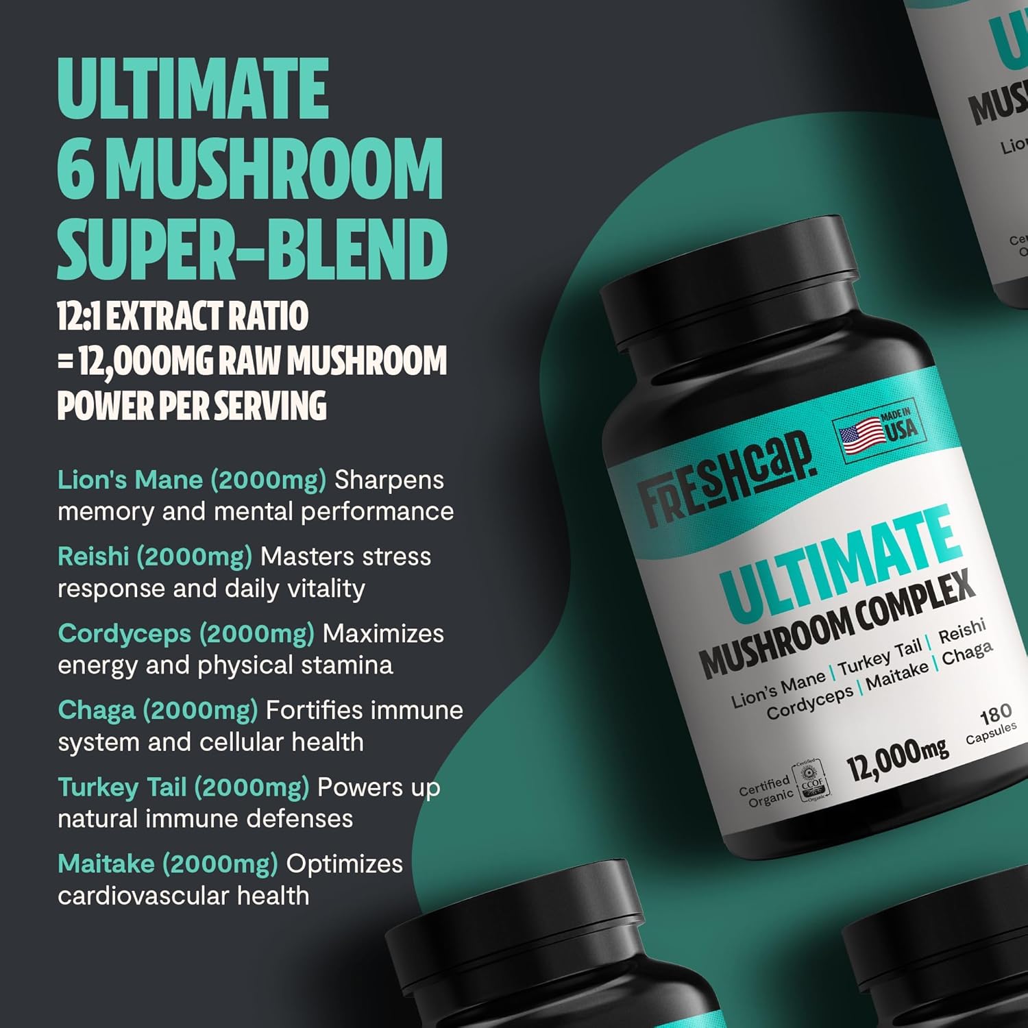 FreshCap Ultimate Mushroom Supplement 12,000mg - Nootropic Complex Capsules, Organic Mushroom Immune Support, Brain Supplements for Memory and Focus, Ayurveda Nootropic (180 Capsules)