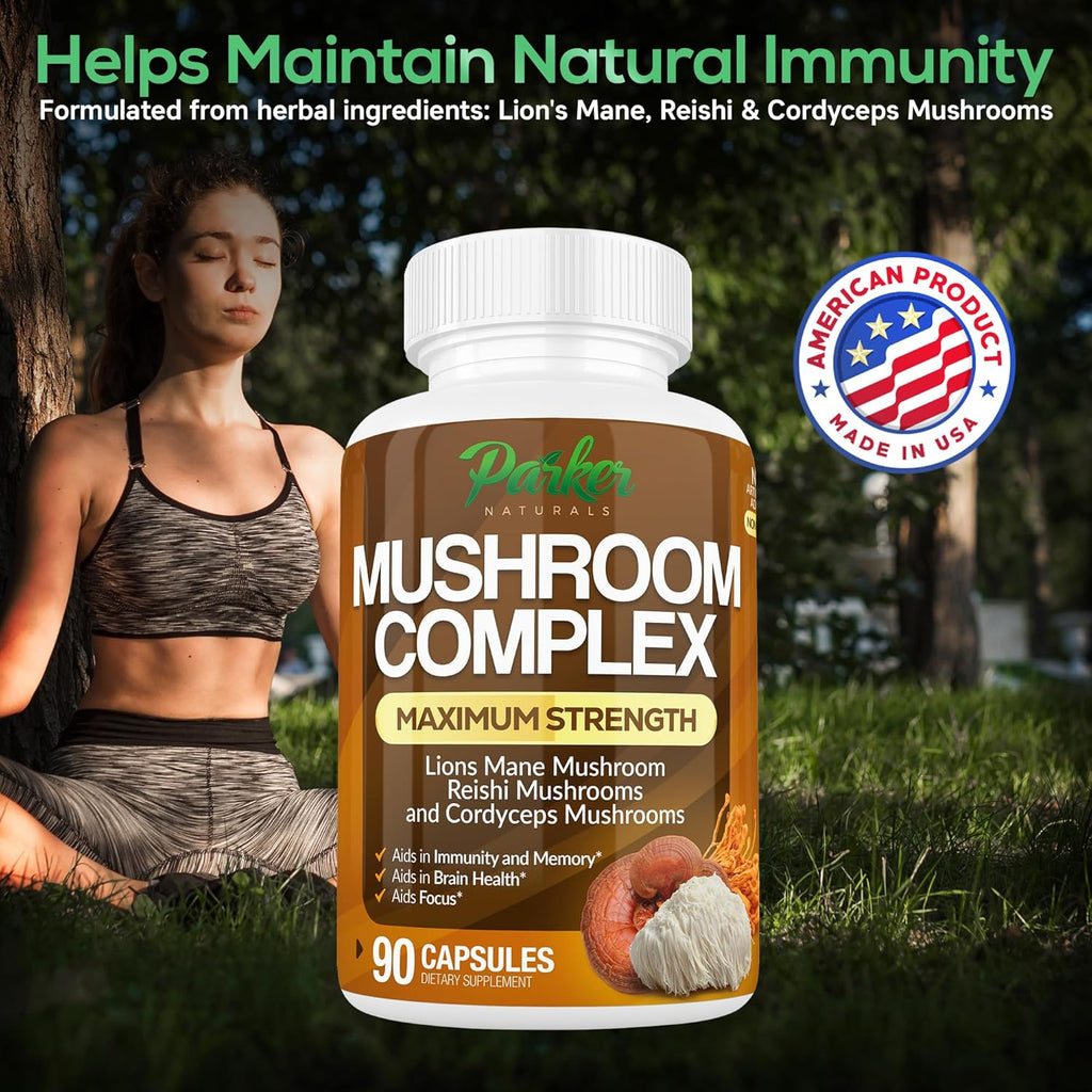 Mushroom Complex Capsules, Premium Lions Mane, Cordyceps, and Reishi Mushroom Supplement, Maximum Strength Organic Mushrooms Supplement, 90 Capsules