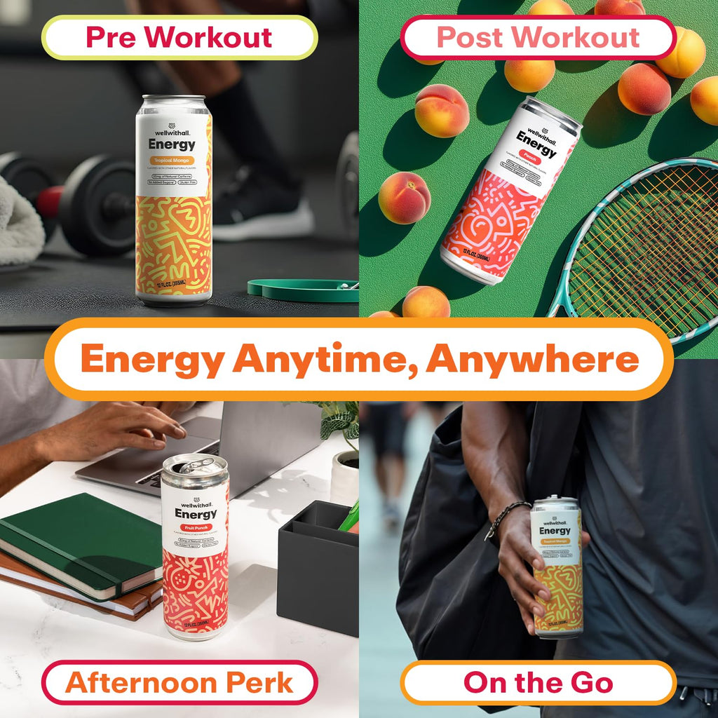 WellWithAll Energy Drink Variety Pack – Fruit Punch, Tropical Mango, and Peach Flavors – Caffeine from Tea – With Vitamin C – Lightly Sparkling Beverage – Fruit & Veggie Juice Blend – 12 Oz (Pack of 12 – 4 Cans of Each Flavor )