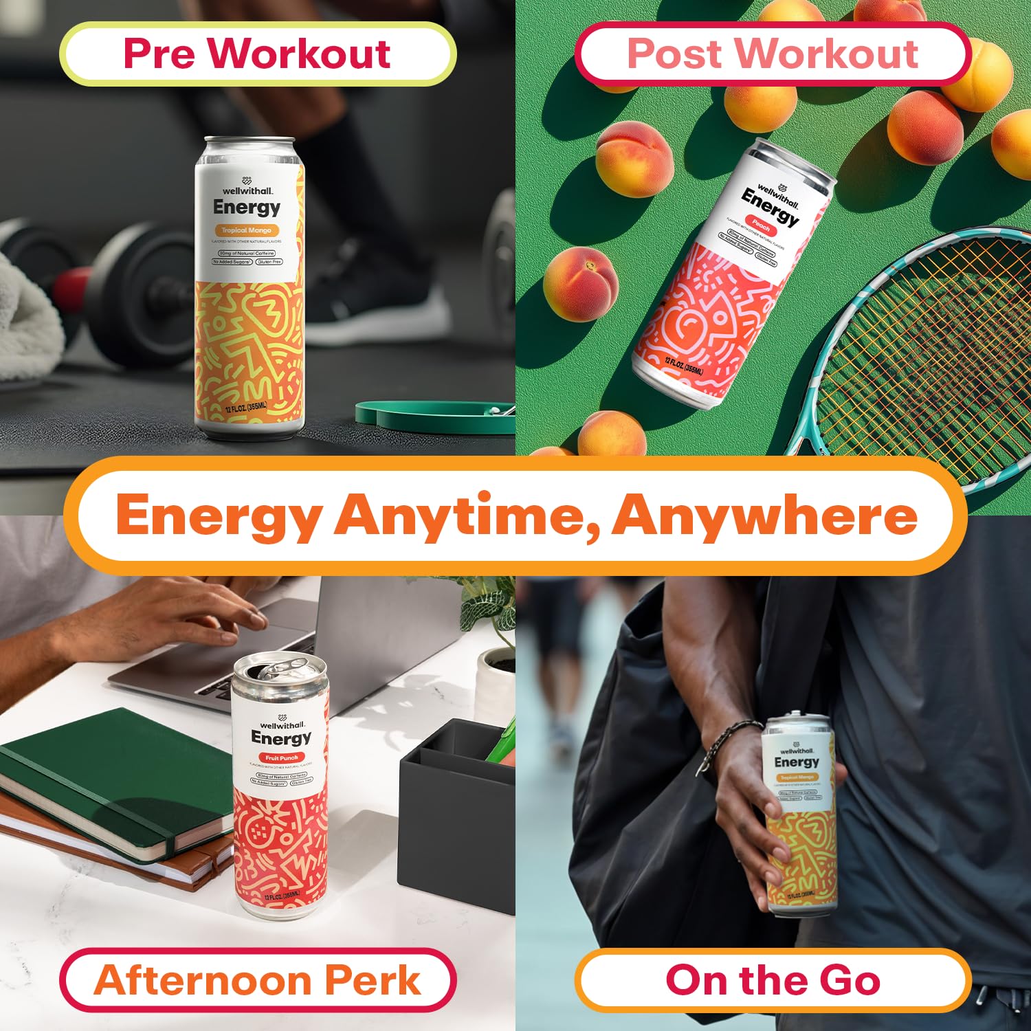 WellWithAll Energy Drink Variety Pack – Fruit Punch, Tropical Mango, and Peach Flavors – Caffeine from Tea – With Vitamin C – Lightly Sparkling Beverage – Fruit & Veggie Juice Blend – 12 Oz (Pack of 12 – 4 Cans of Each Flavor )