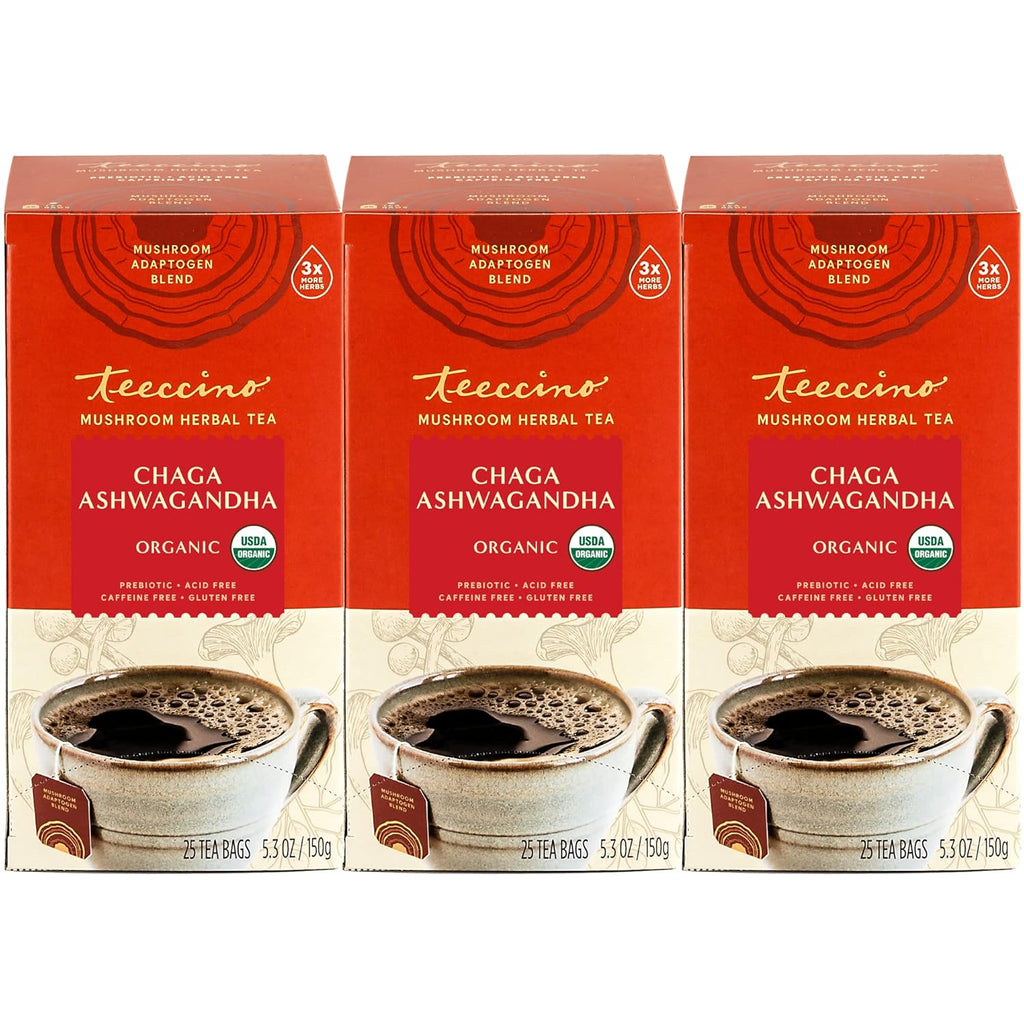 Teeccino Chaga Ashwagandha Tea - Butterscotch Cream - Organic Mushroom Adaptogenic Herbal Tea, 3x More Herbs than Regular Tea Bags, Prebiotic, Caffeine Free, Gluten Free - 25 Tea Bags (Pack of 3)