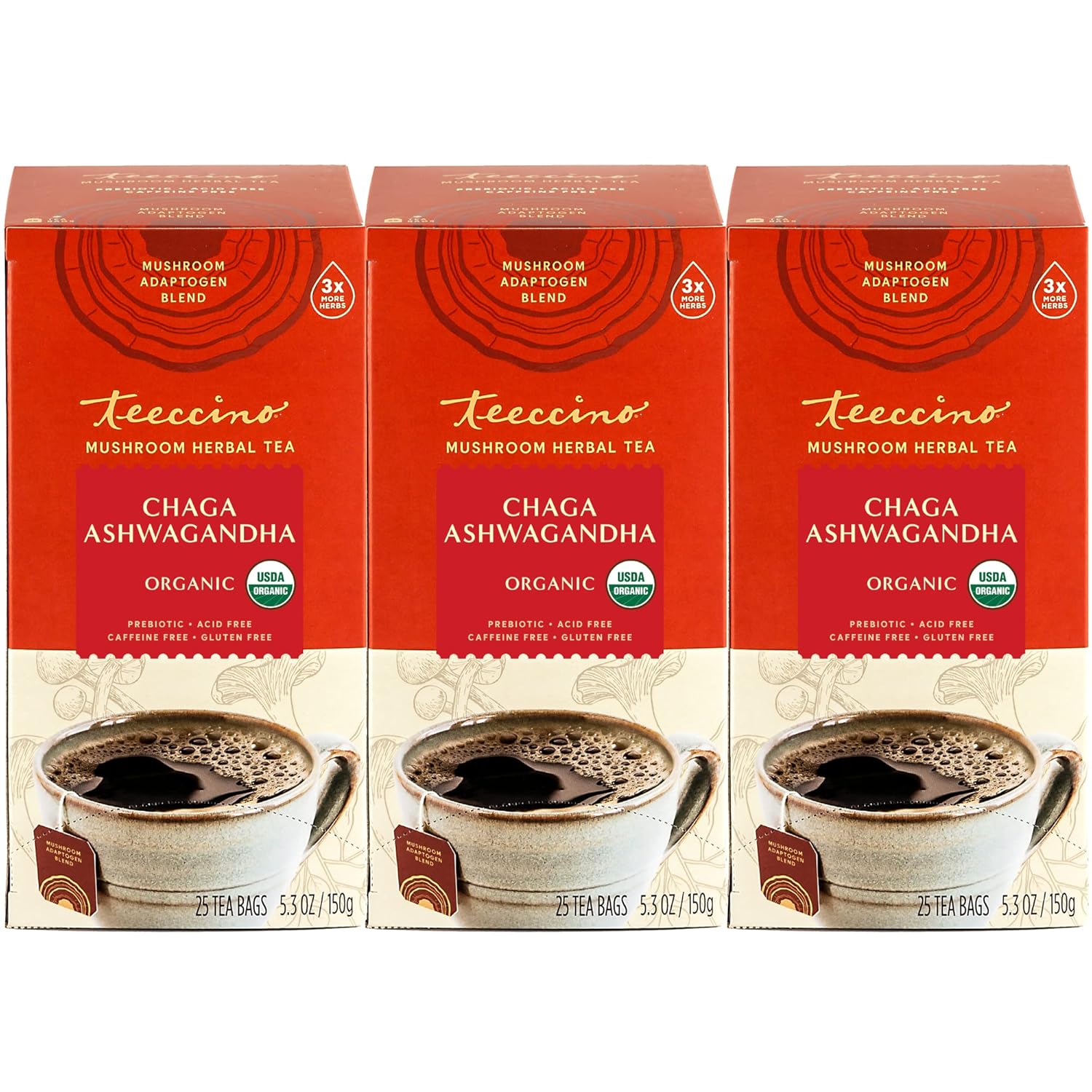 Teeccino Chaga Ashwagandha Tea - Butterscotch Cream - Organic Mushroom Adaptogenic Herbal Tea, 3x More Herbs than Regular Tea Bags, Prebiotic, Caffeine Free, Gluten Free - 25 Tea Bags (Pack of 3)
