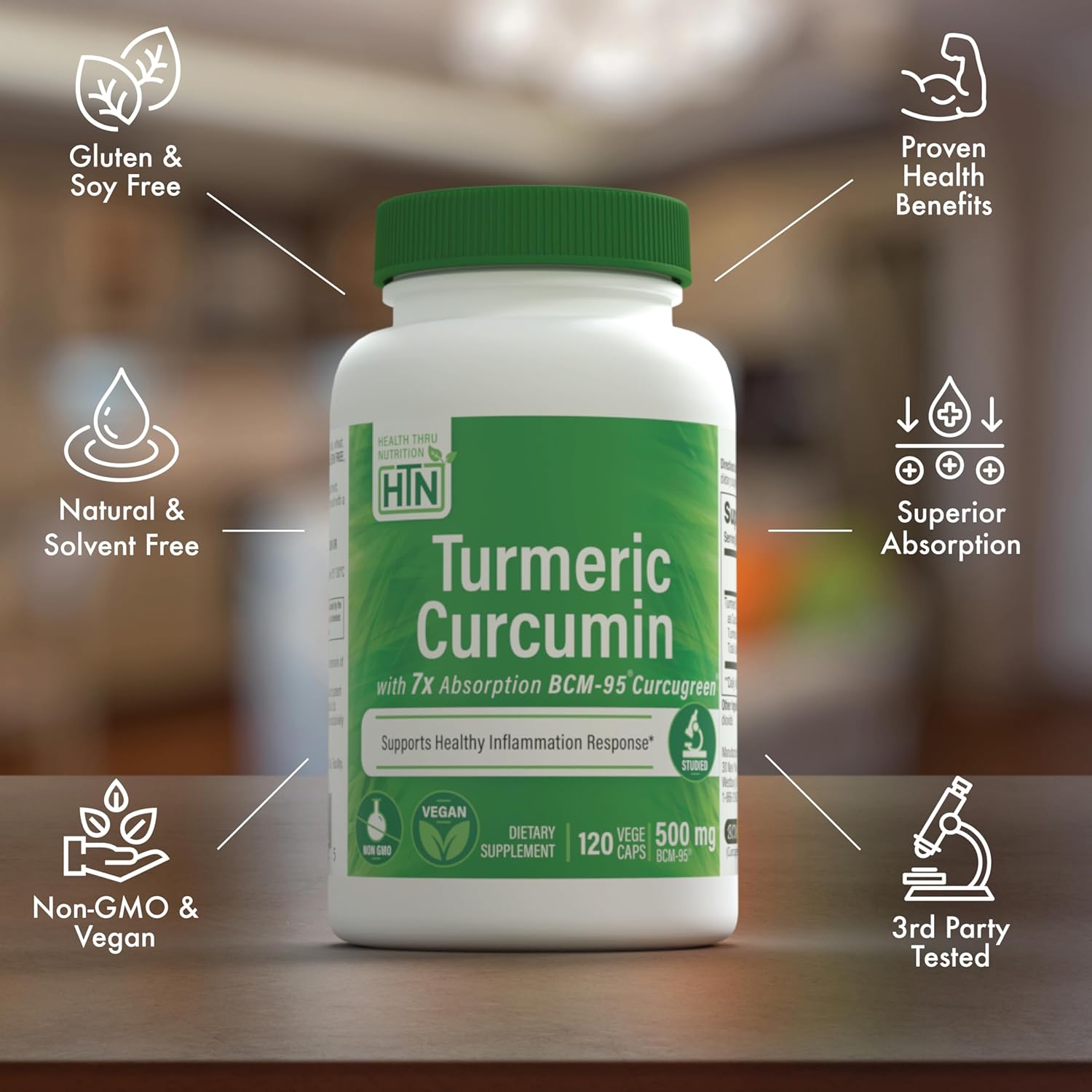 Health Thru Nutrition Turmeric Curcumin Complex 500mg Supplement | as BCM-95 Curcugreen Clinically Studied | Vegan Certified (Pack of 120)