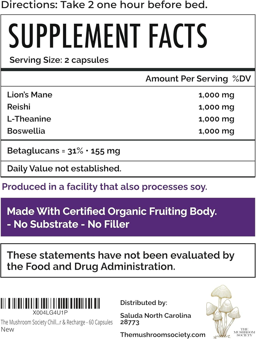 Chill Pill Supplement - Lion’s Mane, Reishi, L-Theanine, Boswellia & Beta-Glucans - Relax, Recover & Recharge - 60 Vegan Capsules
