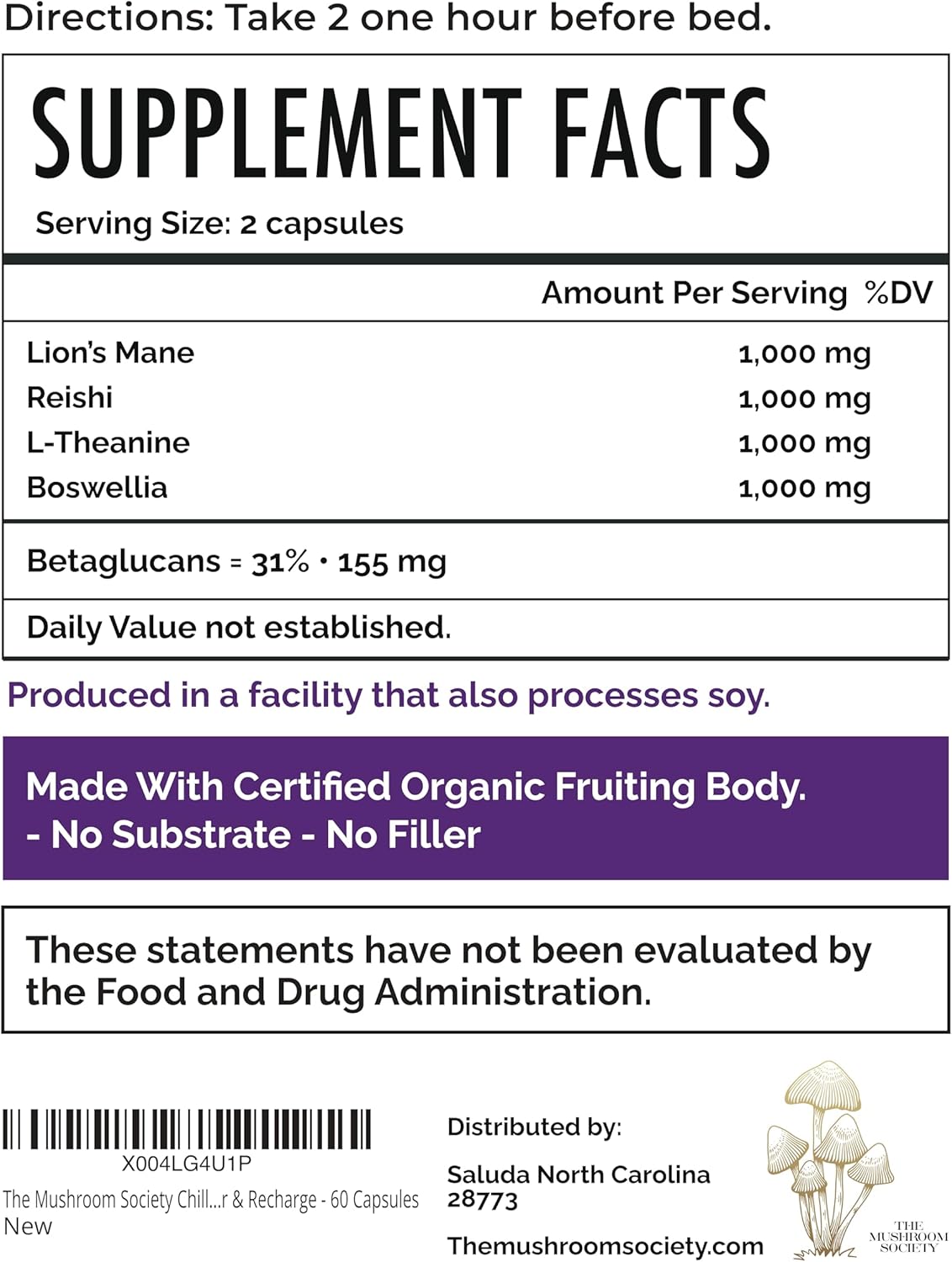 Chill Pill Supplement - Lion’s Mane, Reishi, L-Theanine, Boswellia & Beta-Glucans - Relax, Recover & Recharge - 60 Vegan Capsules