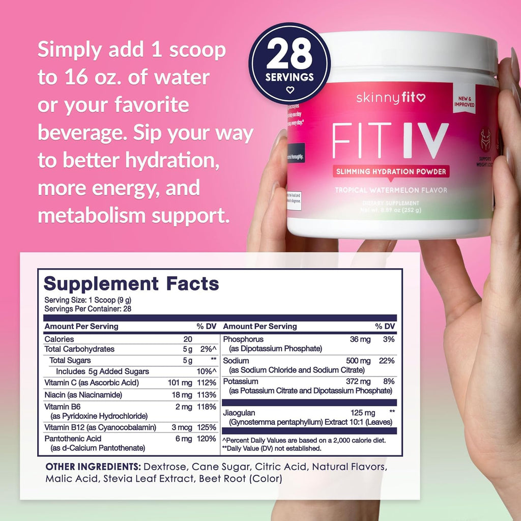 SkinnyFit - Fit IV Slimming Hydration Powder, Tropical Watermelon (Jar, 28 Scoops) - New & Improved Formula - Electrolytes, Vitamin C, Vitamin B3 - Vegan, Gluten Free, Dairy Free - Beauty & Self Care