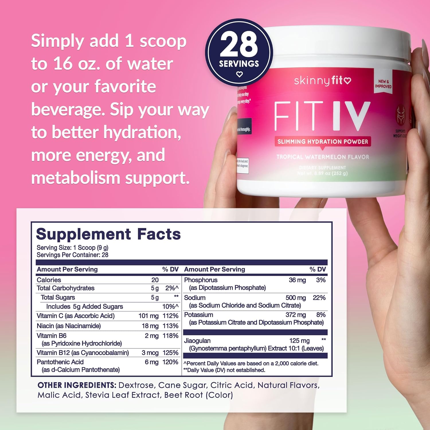 SkinnyFit - Fit IV Slimming Hydration Powder, Tropical Watermelon (Jar, 28 Scoops) - New & Improved Formula - Electrolytes, Vitamin C, Vitamin B3 - Vegan, Gluten Free, Dairy Free - Beauty & Self Care