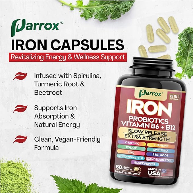 Iron Supplement, Slow Release Iron, Probiotics, Spirulina, Turmeric, Vitamin B6, Methylated B12, Vitamin C, Zinc, Beetroot, Nettle Leaf, Dandelion Root, Black Pepper, Extra Strength, 60 Capsules 2Pack