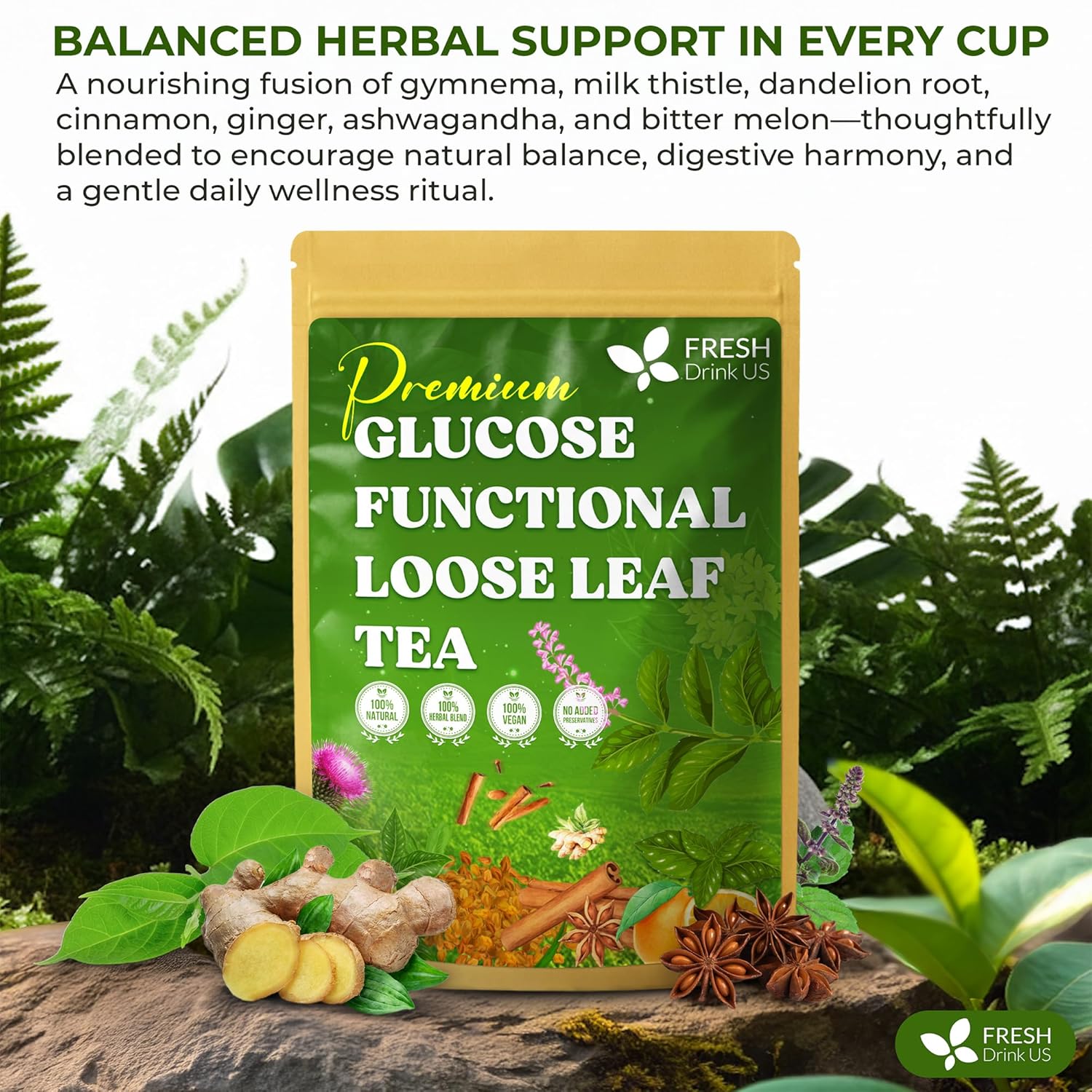 FreshDrinkUS, Glucose Functional Loose Leaf Tea | 4oz | Herbal Blend of Gymnema, Milk Thistle, Dandelion Root, Cinnamon & Ashwagandha – Naturally Caffeine-Free, Premium Quality, Balanced Flavor. Vegan