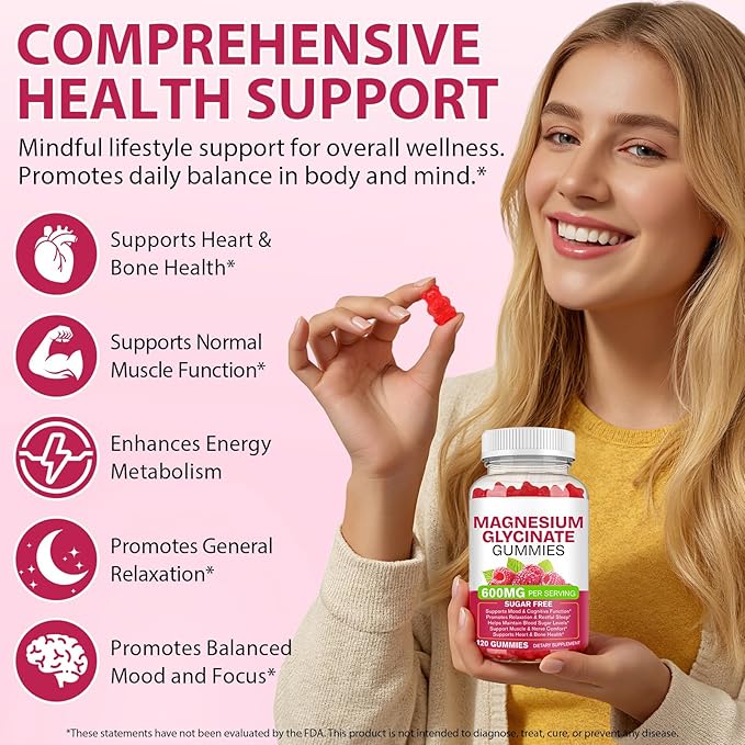 Magnesium Glycinate Gummies 600mg 120 Count - Sugar Free Magnesium Supplement - Supports for Sleep, Memory, Mood, Muscle, Relaxation, Heart & Bone Health