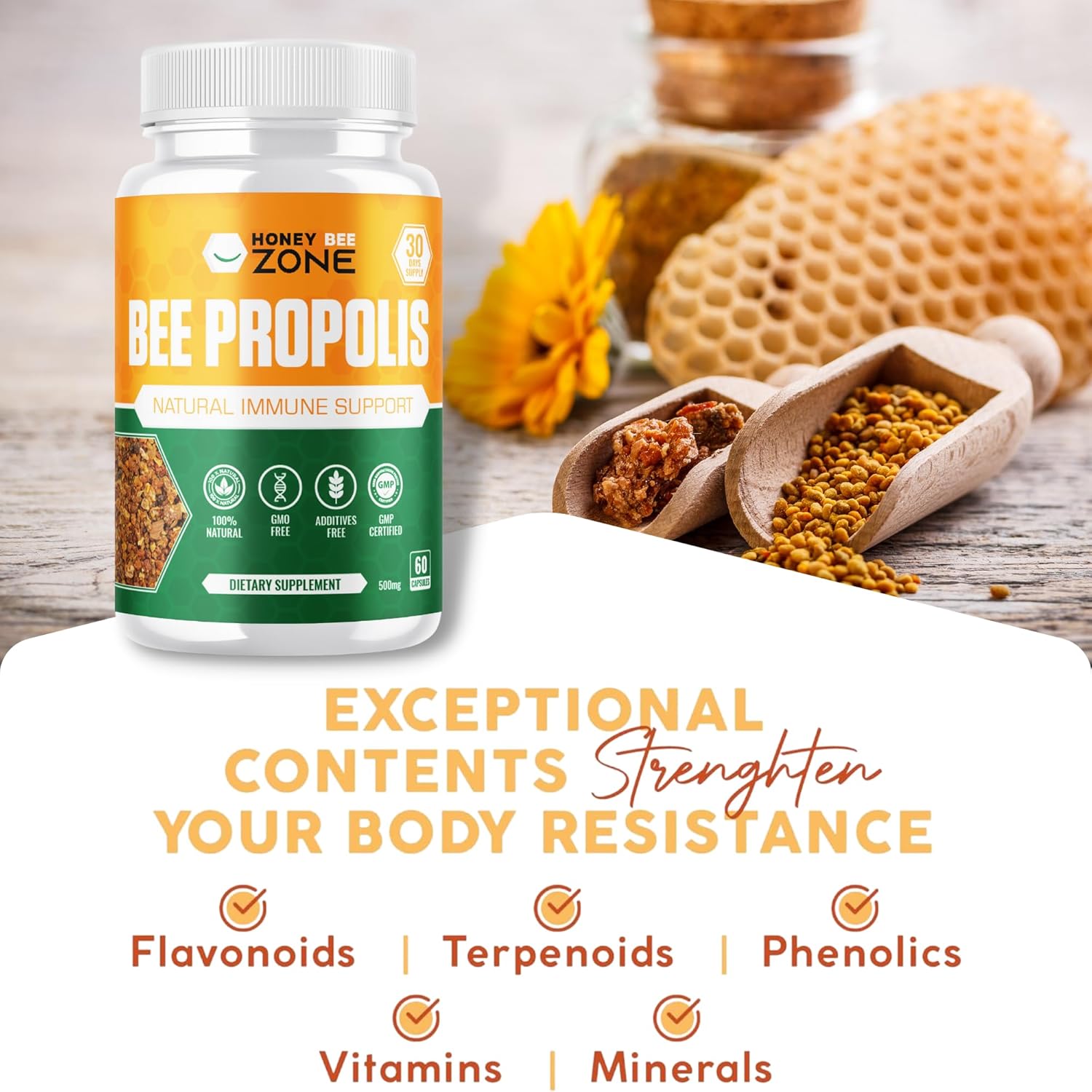 Bee Propolis Capsules – 100% Natural Energy and Immune Support Supplement | Non-GMO, Gluten-Free, 60 Easy-to-Swallow Veggie Capsules