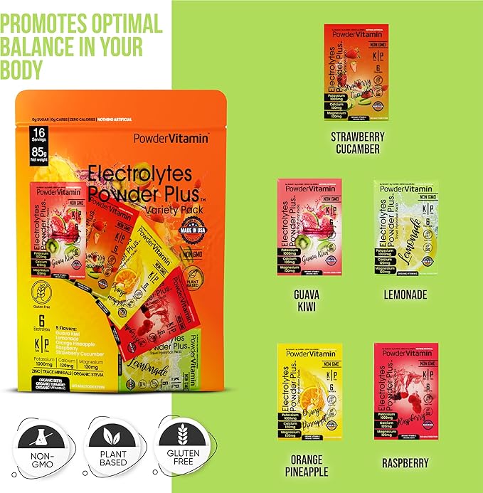 PowderVitamin Electrolytes Powder Plus, Keto, Variety Pack A, Sugar Free, Pink Himalayan Salt, 1000mg Potassium, 120mg Calcium, 120mg Magnesium, Non-GMO, Zero Calories, (16 Hydration Packets)