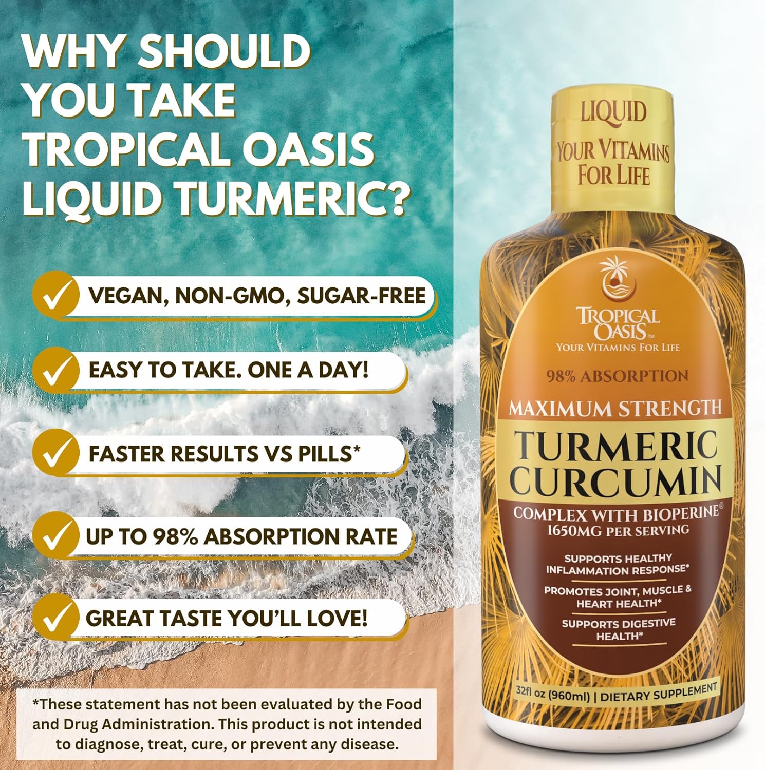 Tropical Oasis Liquid Turmeric Curcumin w/Bioperine - 1650mg Maximum Strength Turmeric Supplement with Black Pepper & Vitamin C - 98% Absorption Rate - 32oz