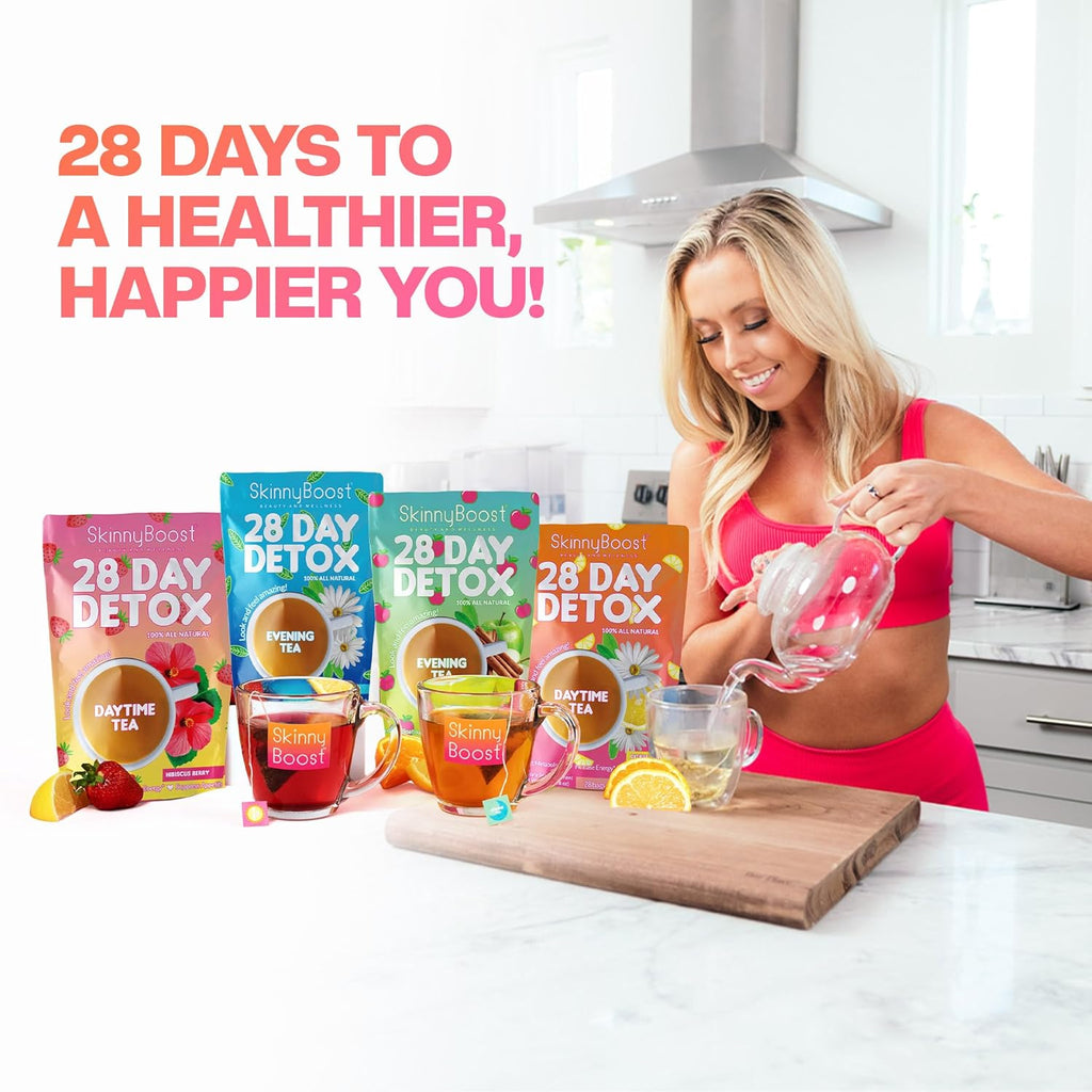 Skinny Boost Detox Tea Kit- 2 PACK –1 Daytime (28 Bags) + 1 Evening -(14 Bags) – Herbal Detox for Weight, Metabolism, Energy, Bloating & Colon Cleanse – Green Tea, Vegan, Keto, Non-GMO, Sugar-Free