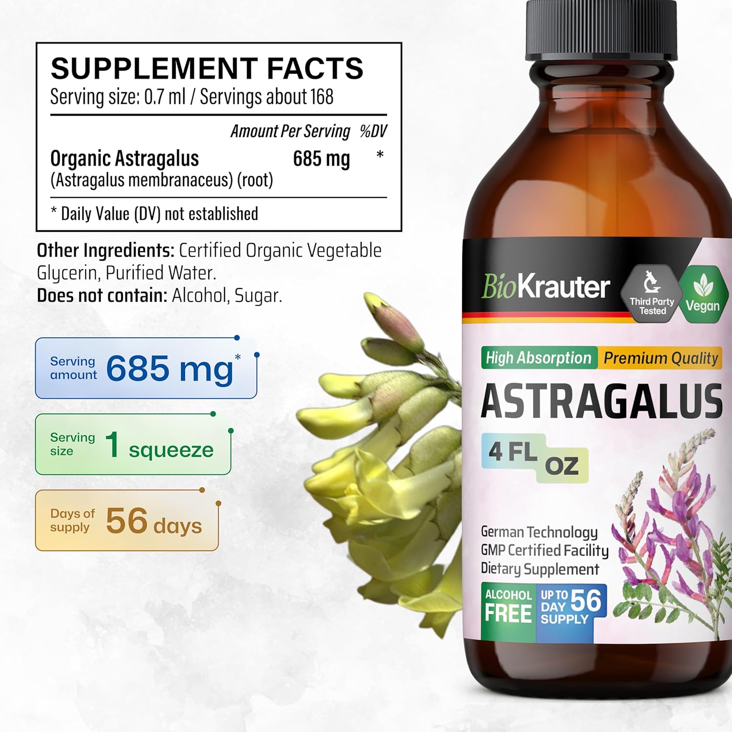 BIO KRAUTER Astragalus Tincture - Astragalus Root Extract for Immune Support - Alcohol and Sugar Free - High Absorption - Vegan Drops 4 Fl.Oz.