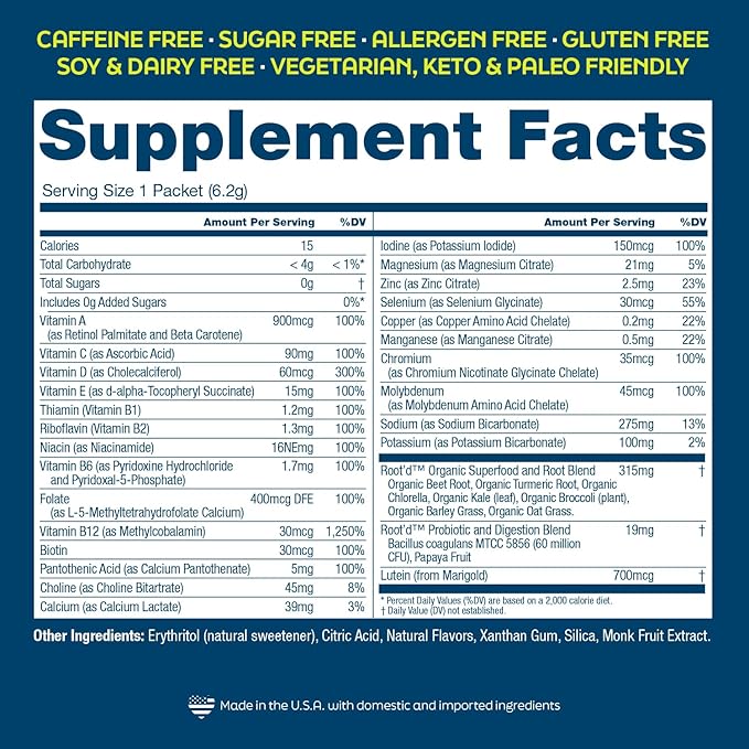 Root'd Multivitamin Powder for Men - 24 Vitamins & Minerals with 3X Electrolytes, 9 Organic Superfoods, Probiotics & Enzymes, Sugar-Free Multivitamin & Hydration | 15 Vitamin Drink Mix Packets