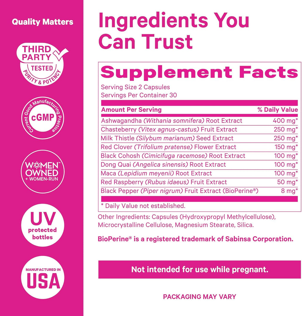 Pink Stork Menopause Support for Women - Hot Flash, Mood, Sleep, Weight, Cortisol & Hormonal Balance - Vegan, Estrogen-Free Perimenopause Relief - Ashwagandha, Maca - 60 Capsules