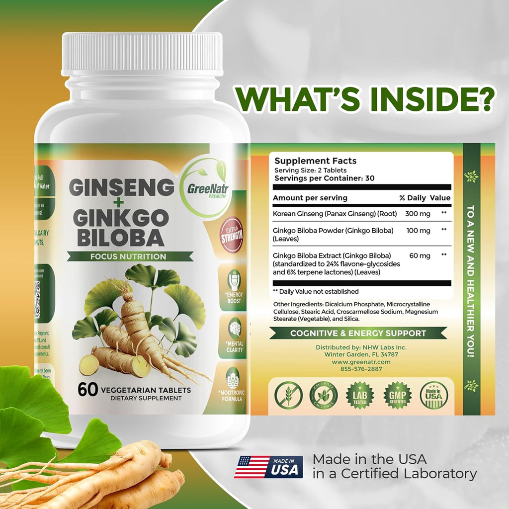 Ginko Biloba & Panax Ginseng Supplement - Red Ginseng Brain Supplement for Memory and Focus - Ginkgo Biloba Supplements for Good Vision, Immune System and Improved Blood Flow - 360 Tablets