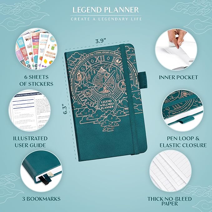 Legend Wellness Planner & Food Journal Pocket – Daily Diet & Health Journal with Weight Loss, Measurement & Exercise Trackers – Lifestyle & Nutrition Diary – Lasts 6 Months, 3.9x6.3″ – Dark Teal