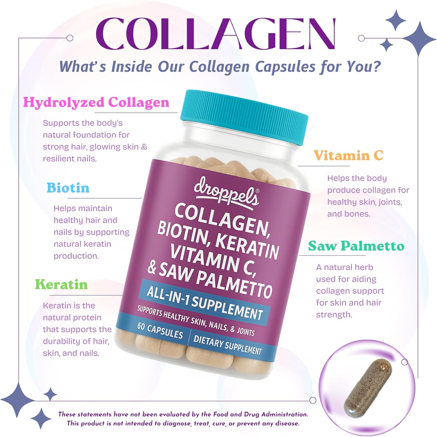 Droppels Collagen Capsules – Advanced Collagen + Biotin + Keratin + Vitamin C – Hair, Skin, Nails & Joints Support – 60 Count Dietary Supplement