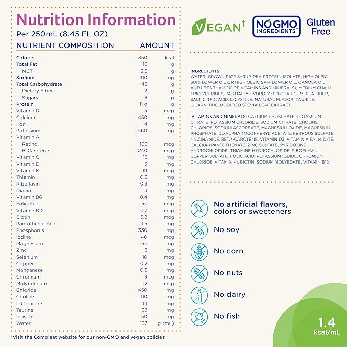 Compleat Pediatric Standard 1.4mL, Plant Based Nutritionally Complete Shake, Tube Feeding Formula, Vanilla Flavor, 24 Pack