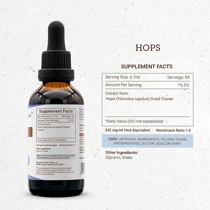 Secrets of the Tribe Hops Tincture Alcohol-Free Liquid Extract, Hops (Humulus Lupulus) Dried Flower (2 FL OZ)