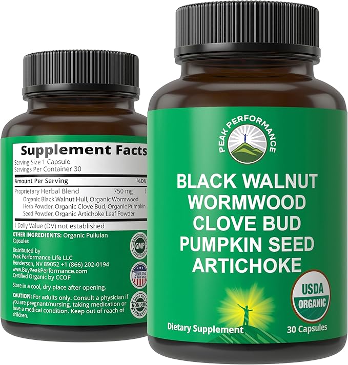 USDA Organic Wormwood Black Walnut Clove Cleanse For Humans. Elimination Detox + Intestinal Support Capsules Supplement for Adults and Kids. Pills with Artichoke and Pumpkin Seed for Added Benefits