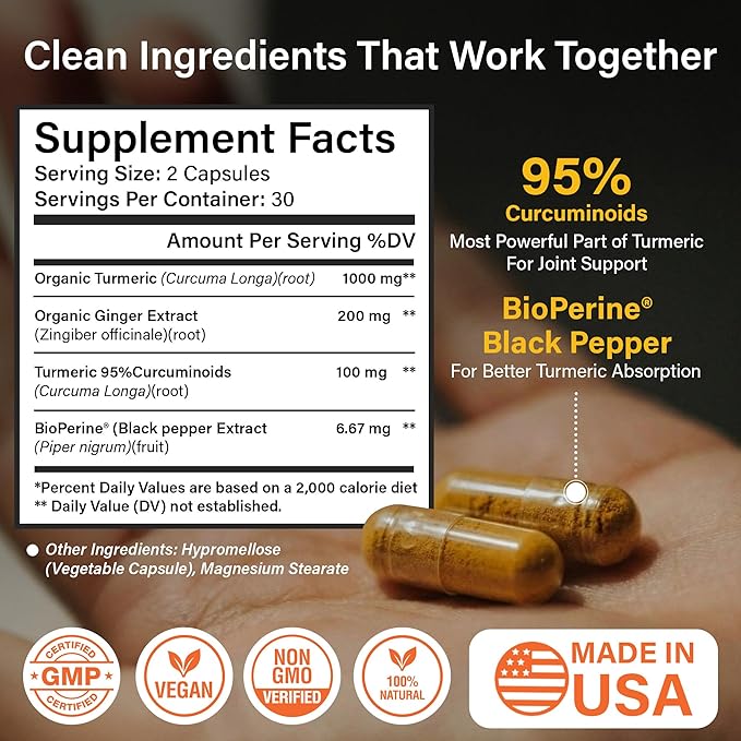 Sleeve Stars Turmeric Curcumin Supplement with Ginger & Black Pepper Bioperine, Joint Supplements for Men & Women, Joint Support & Inflammation Relief, Non-GMO Gluten-Free & Vegan, 1000mg 60 Cap