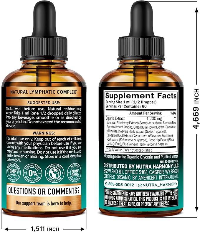USDA Organic Lymphatic Drainage Supplement - Echinacea | Elderberry | Dandelion | Rosehip | Cleavers | Calendula | Burdock - Made in USA - Lymph System Drops - Immune Support, Cleanse & Detox, 2 fl oz