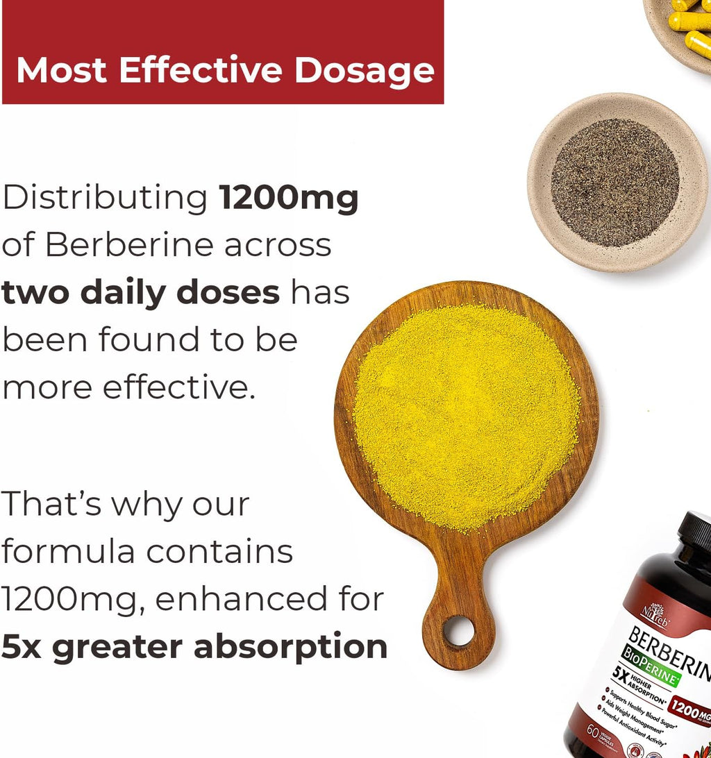 Berberine Supplement 1200mg - 5X Higher Absorption - Ultra Pure 98% Berberine HCL - Healthy Weight Management, Immune Support - Non GMO, Manufactured in USA - 60 Vegan Capsules