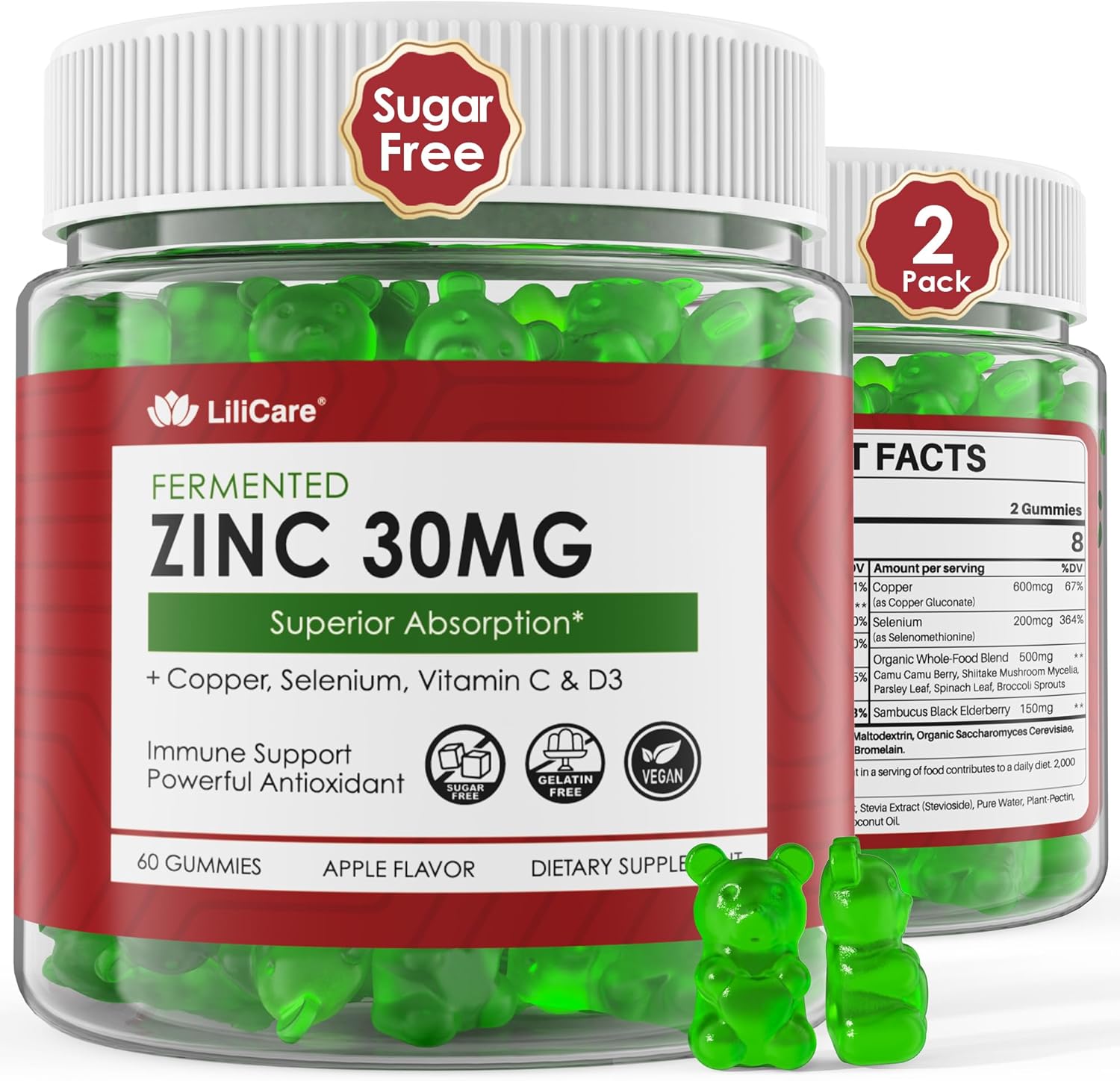 Zinc Gummies + Copper, Selenium, Vitamin C & D3, Fermented Zinc Supplements for Women and Men with Elderberry for Daily Immune Support, Powerful Antioxidant, High Absorption, Vegan, Sugar Free, 2 Pack