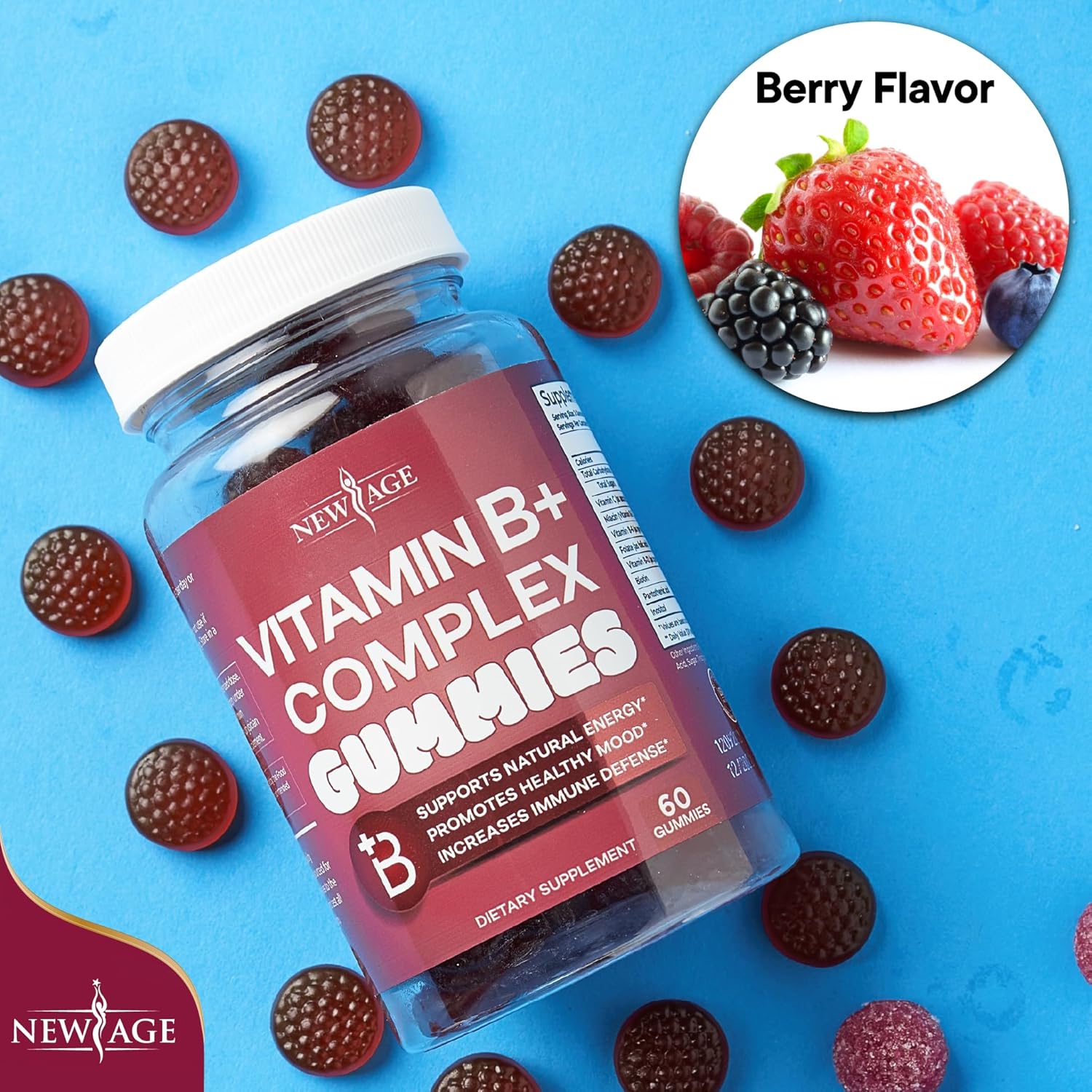 NEW AGE Vitamin B Complex Gummies with Vitamin B3, B5, B6, B7, B9 & B12 – with Biotin, Folic Acid & Vitamin C – Gluten-Free, Vegan, Made in The USA! (60 Count (Pack of 1))