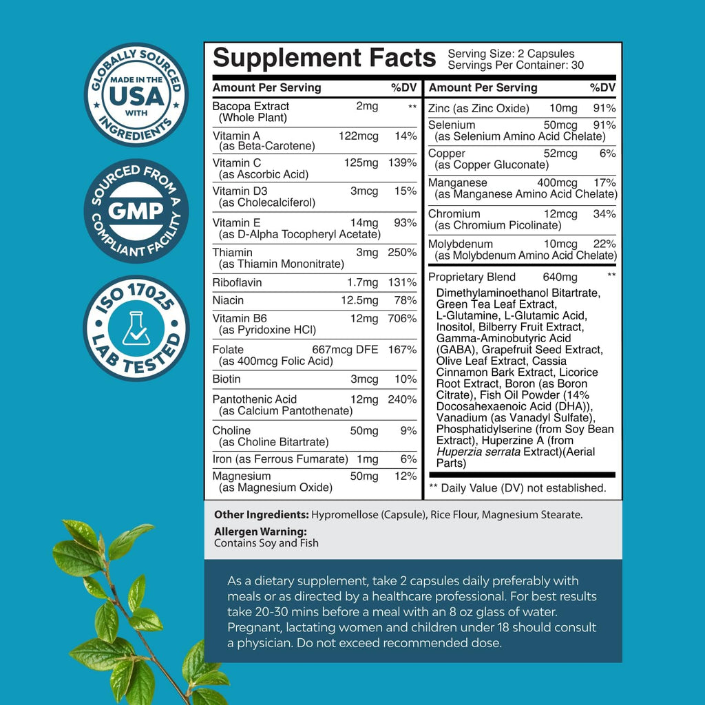 Nootropic Brain Supplement for Memory and Focus Support - Vitamins for Mental Health & Clarity with Bacopa Monnieri, VIT A, B6, Riboflavin, Niacin, Thiamin & Folate - Cognitive Complex - 60 Ct