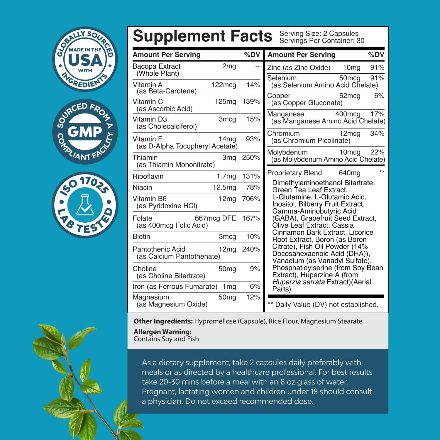 Nootropic Brain Supplement for Memory and Focus Support - Vitamins for Mental Health & Clarity with Bacopa Monnieri, VIT A, B6, Riboflavin, Niacin, Thiamin & Folate - Cognitive Complex - 60 Ct