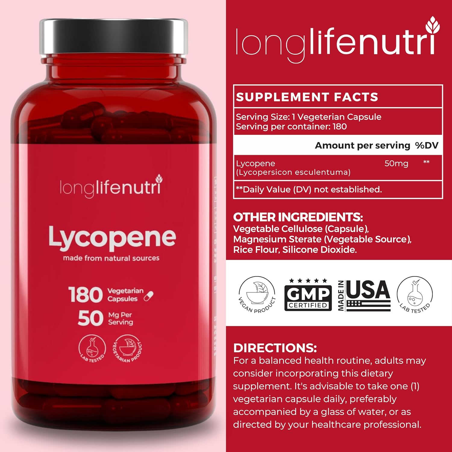 Lycopene 50mg 180 Vegetarian Capsules | Supplement Health | Natural Tomato Extract Non-GMO | Pure Powder