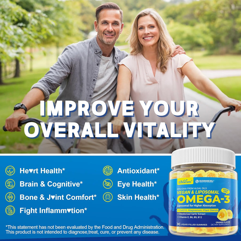 Vegan Omega-3 Gummies 1000mg +CoQ10+Magnesium- EPA 600mg & DHA 400mg, Fish Oil Omega 3 Supplements Alternative for Women Men Adults- Liposomal Form -Algae- Plant Sterols, Garlic,B6,B9, B12, Sugar Free