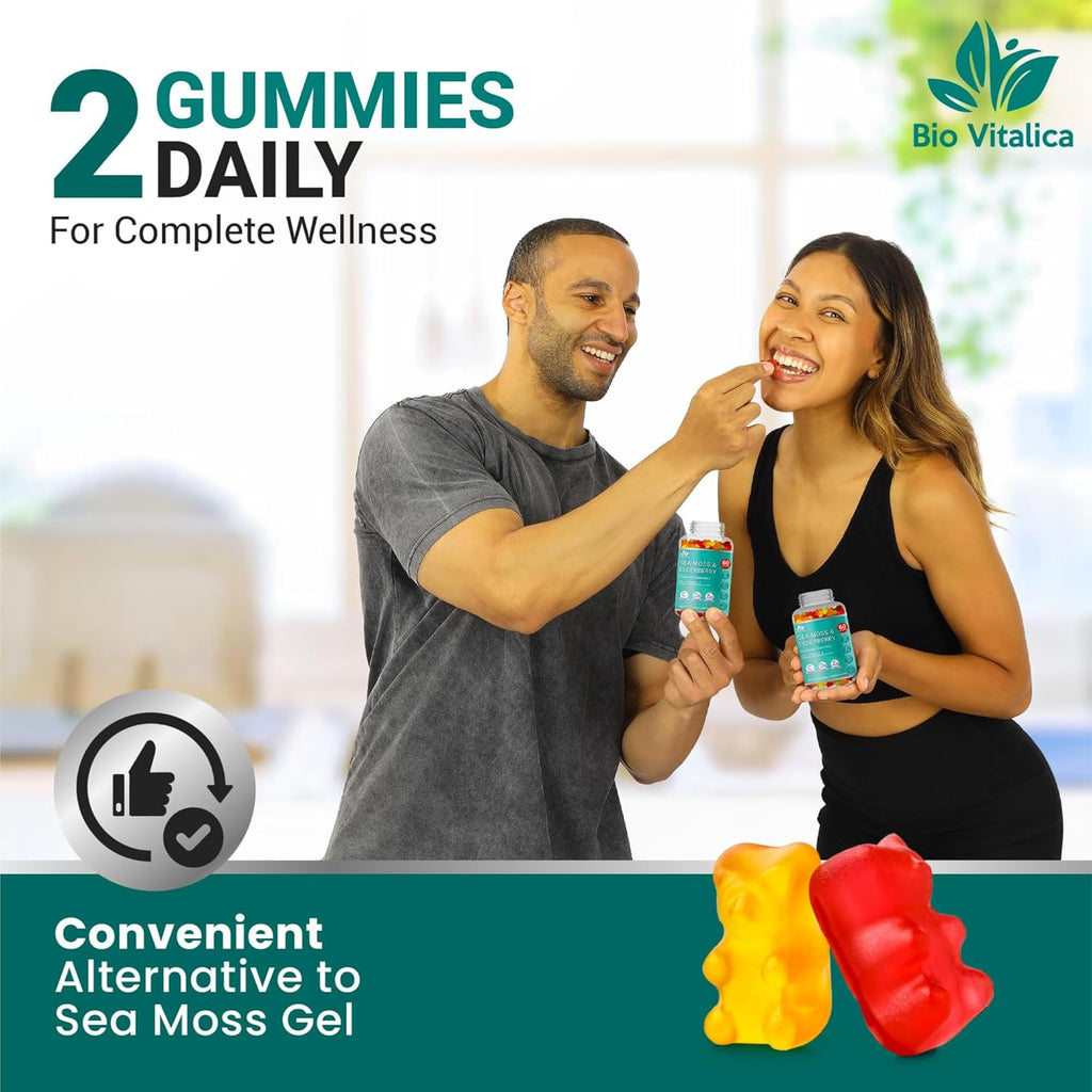 BIO VITALICA Sea Moss Gummies Elderberry BioVitalica - Vitamin C D + Zinc - Irish Seamoss Vegan Gummy with Sea Moss Gel & Powder for Immunity, Detox - for Adults and Kids (5Packs)