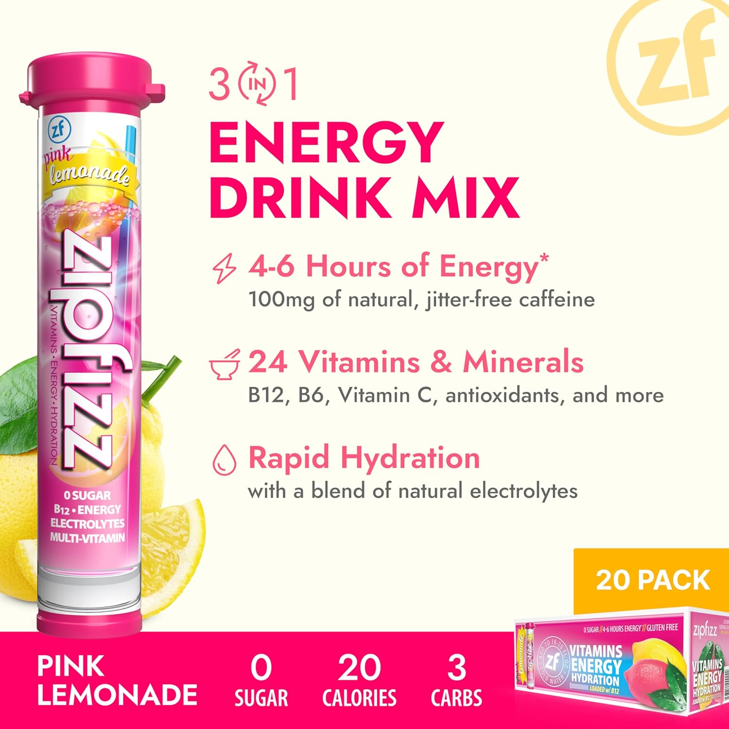 Zipfizz Daily Energy Drink Powder, Pink Lemonade, 12 Pack | 3-in-1 Sustained Energy, Rapid Hydration, and Essential Vitamins | Sugar-Free | Electrolyte Powder | Contains Vitamin B-12 & Antioxidants