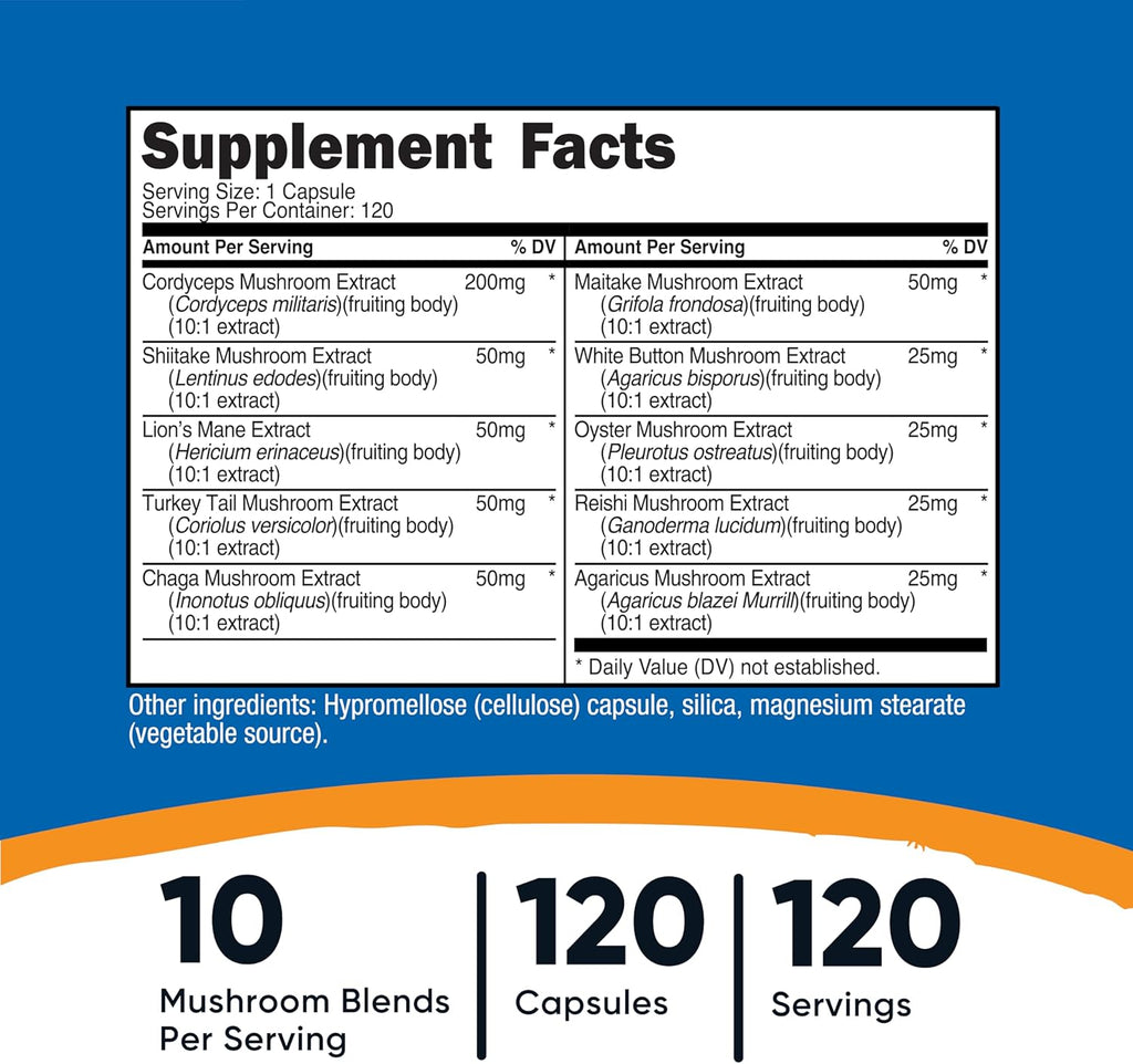 Nutricost Mushroom Complex Supplement, 120 Capsules - 10 Mushroom Blend (with Reishi, Maitake, Shiitake, Lion's Mane, and More) - Non-GMO and Gluten Free (Pack of 2)